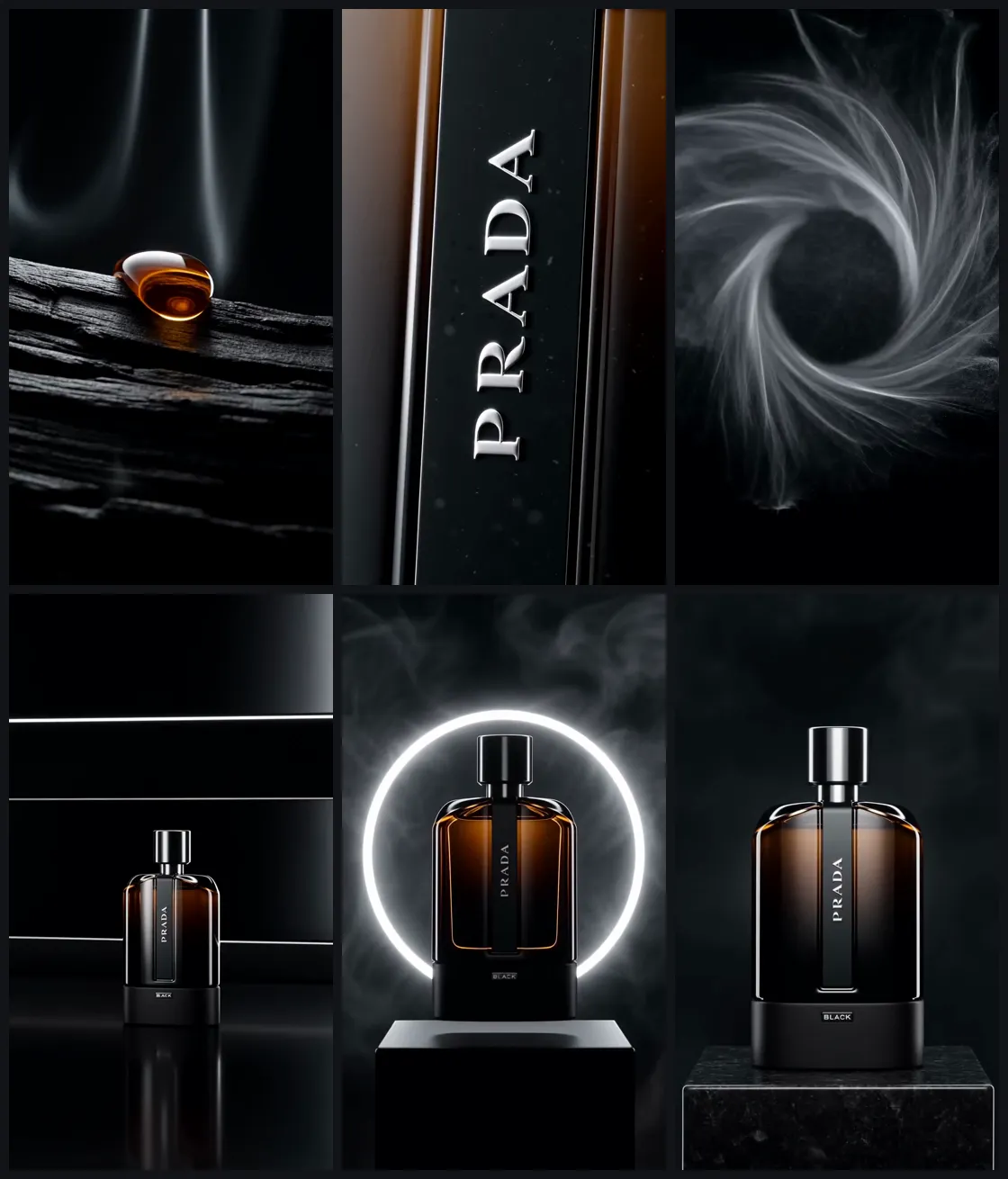 Six key frames of a fragrance film arranged as a storyboard